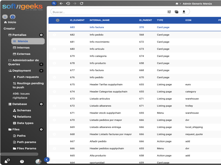Softngeeks official creator software interface displaying an ERP system for B2B SaaS solutions. The dashboard includes menu management, query administration, database schemas, and deployment tools for custom software development. Features include low-code platform capabilities, CRM and AI integrations, marketplace management, and backend/frontend development tools. SoftnGeeks provides advanced database management systems, monitoring tools, and SaaS solutions for business process automation and digital transformation.