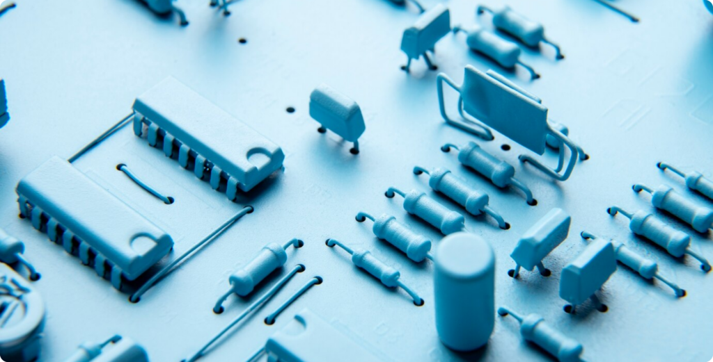 Close-up of a blue electronic circuit board representing the power of automation and AI in business. Symbolizing Softngeeks' SaaS tools